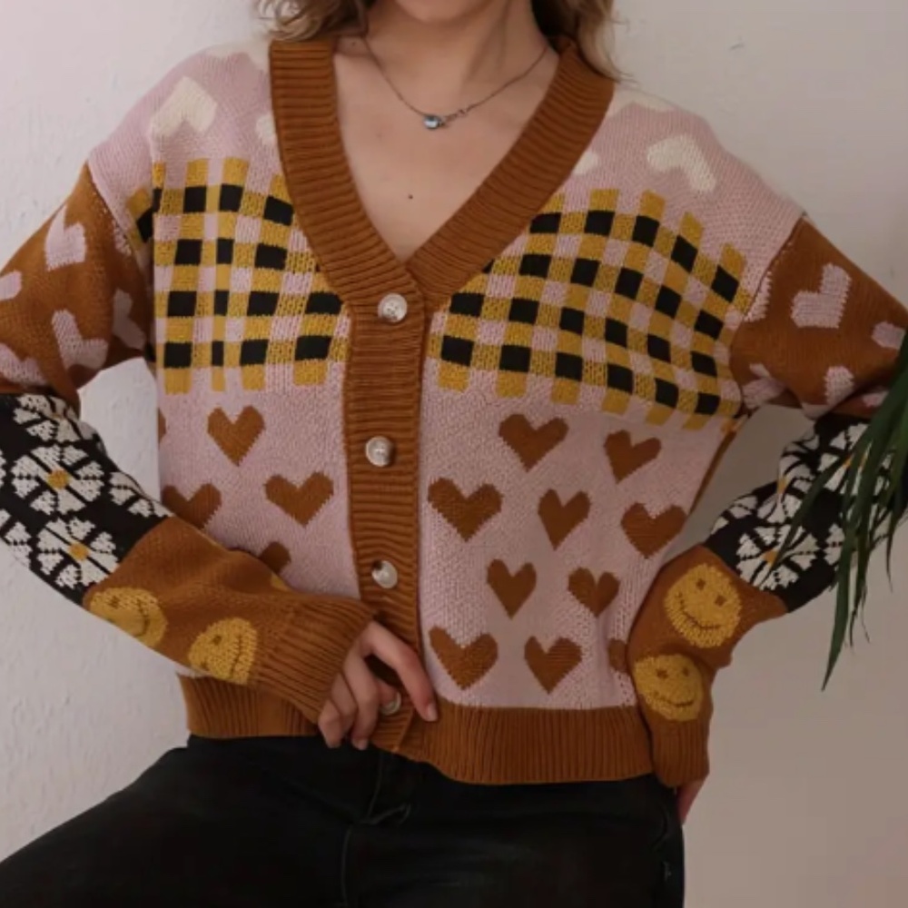Colorblock Heart Daisy sweater Cardigan